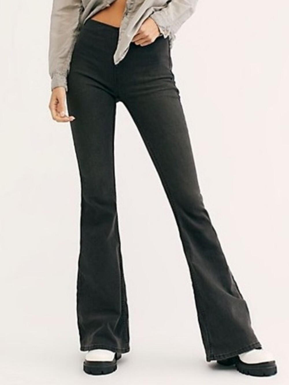 Free People Drapery Black Flare Raw Hem Jeans